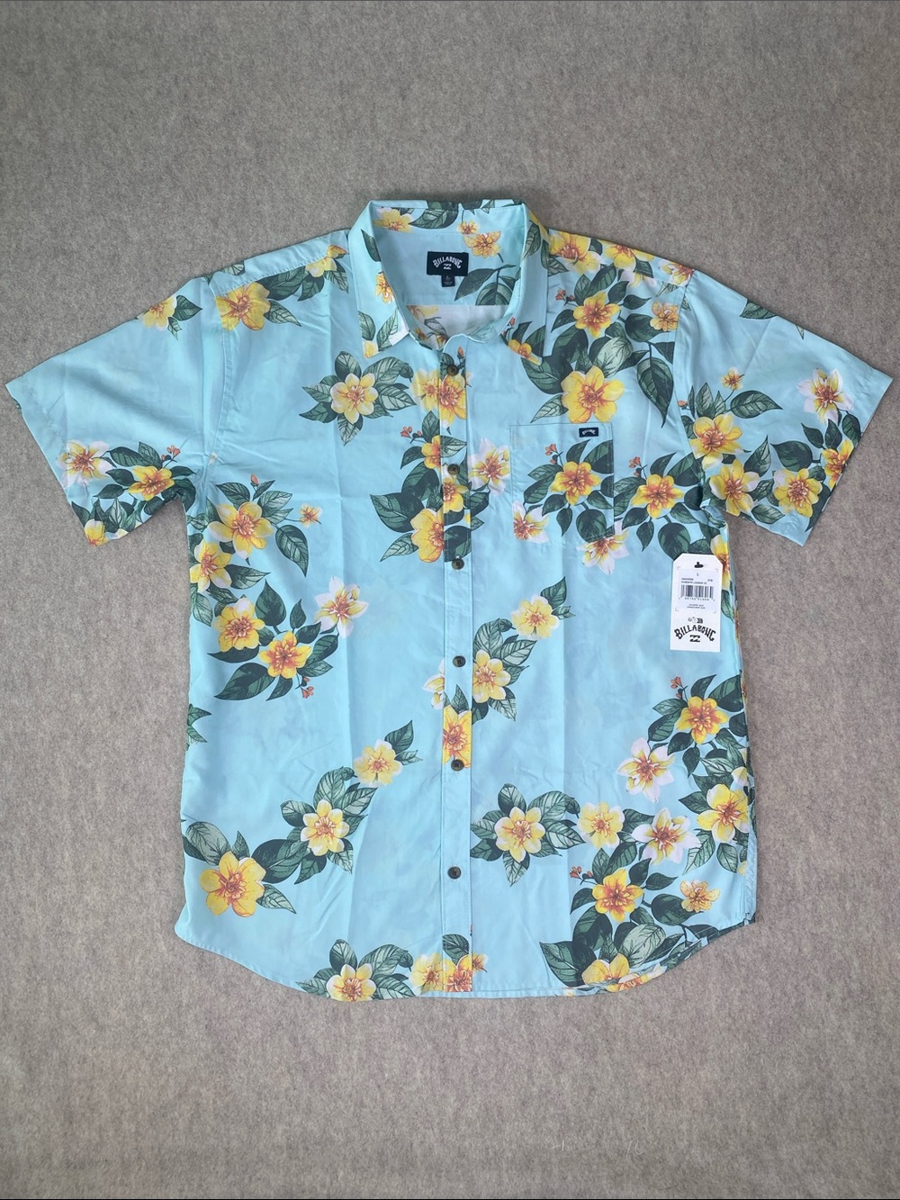 Billabong Floral Button Down Shirt Blue Yellow Tropical Hawaiian Size L NWT